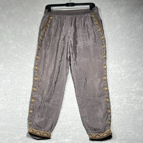 Johnny Was Workshop Embroidered Womens Small Gray Pants Elastic Waist Boho